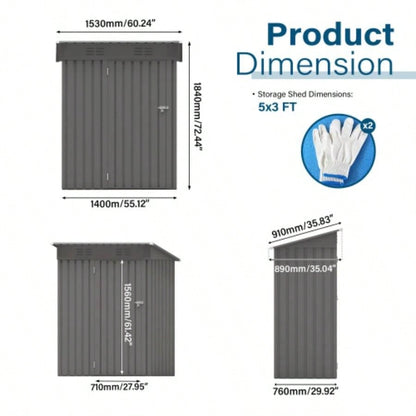 5X3 FT Metal Outdoor Storage Shed, Shed with Pitched Roof and Lockable Door Compact Metal Shed Garden, Backyard, Patio, Everyday Sundries and Bike Storage, Gray