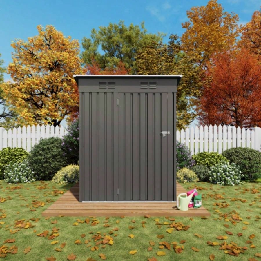5X3 FT Metal Outdoor Storage Shed, Shed with Pitched Roof and Lockable Door Compact Metal Shed Garden, Backyard, Patio, Everyday Sundries and Bike Storage, Gray