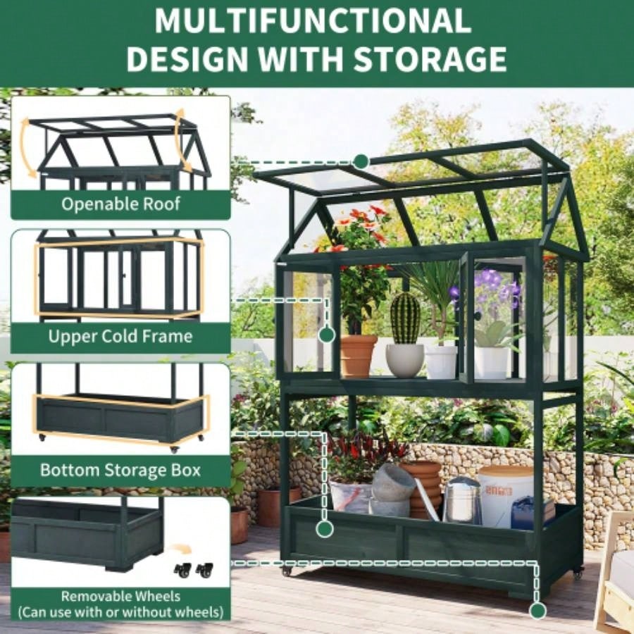 Assembly Video Available TOPMAX Garden Wood Portable Cold Frame with Movable Wheels Greenhouse with Openable Roof and Storage Box, Forest Green