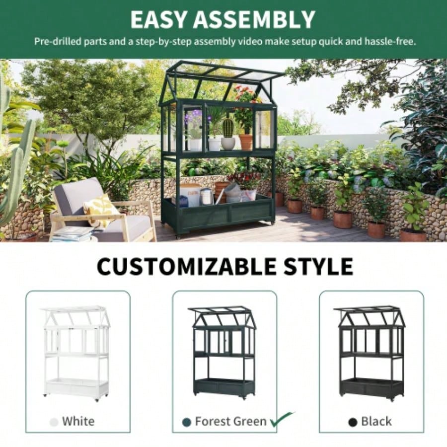Assembly Video Available TOPMAX Garden Wood Portable Cold Frame with Movable Wheels Greenhouse with Openable Roof and Storage Box, Forest Green