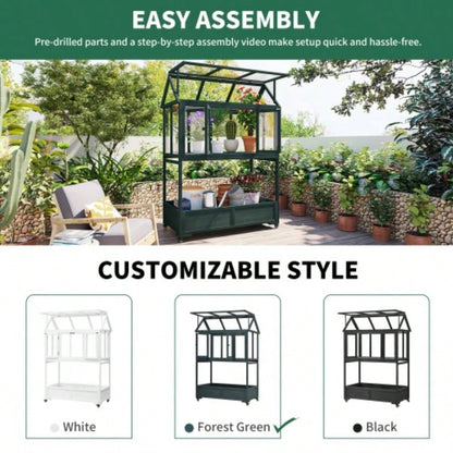 Assembly Video Available TOPMAX Garden Wood Portable Cold Frame with Movable Wheels Greenhouse with Openable Roof and Storage Box, Forest Green