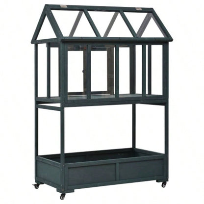 Assembly Video Available TOPMAX Garden Wood Portable Cold Frame with Movable Wheels Greenhouse with Openable Roof and Storage Box, Forest Green