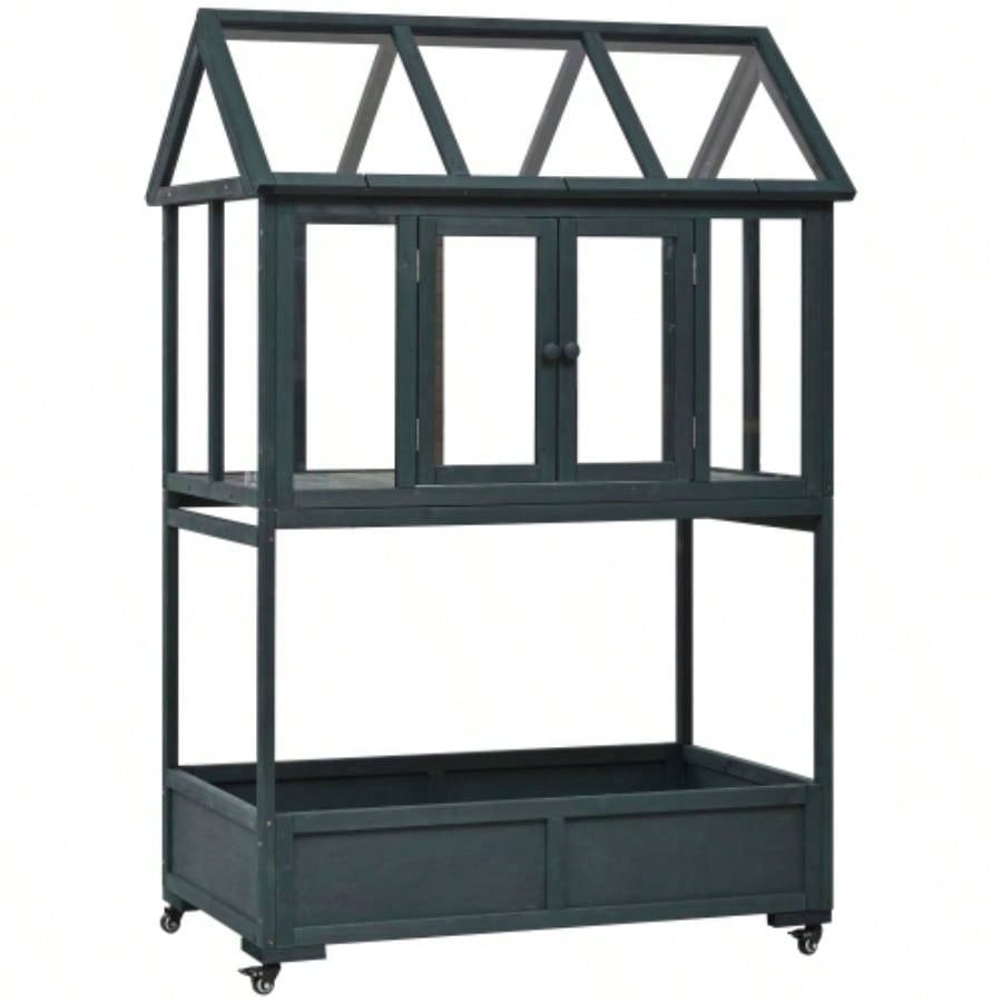 Assembly Video Available TOPMAX Garden Wood Portable Cold Frame with Movable Wheels Greenhouse with Openable Roof and Storage Box, Forest Green