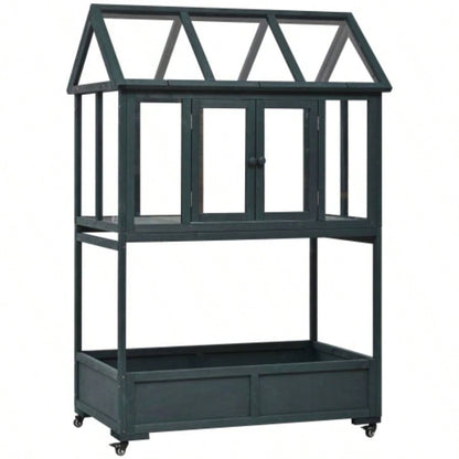 Assembly Video Available TOPMAX Garden Wood Portable Cold Frame with Movable Wheels Greenhouse with Openable Roof and Storage Box, Forest Green