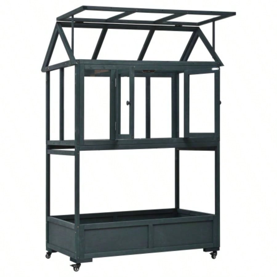 Assembly Video Available TOPMAX Garden Wood Portable Cold Frame with Movable Wheels Greenhouse with Openable Roof and Storage Box, Forest Green