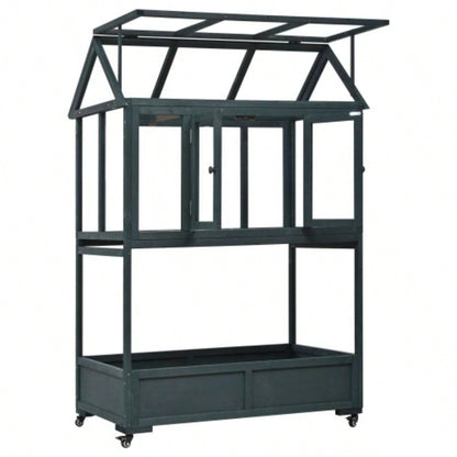 Assembly Video Available TOPMAX Garden Wood Portable Cold Frame with Movable Wheels Greenhouse with Openable Roof and Storage Box, Forest Green