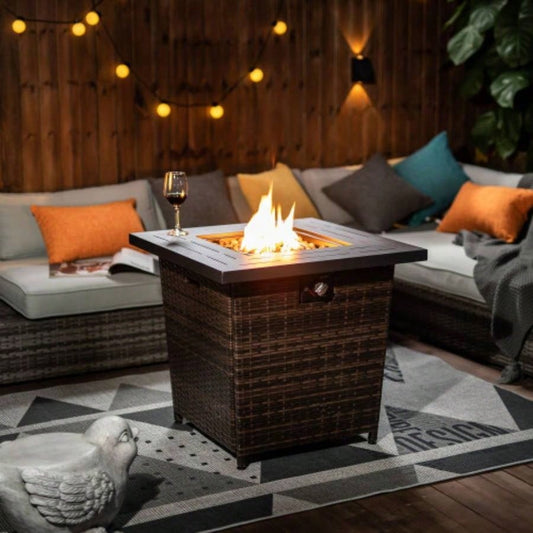 28 Propane Gas Fire Pit Table, 50000 BTU Square Steel Fire Pit with Beautiful Wicker Base Outside Patio Deck Garden Backyard - Black