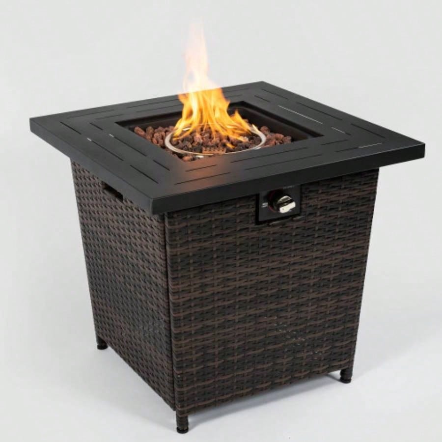 28 Propane Gas Fire Pit Table, 50000 BTU Square Steel Fire Pit with Beautiful Wicker Base Outside Patio Deck Garden Backyard - Black