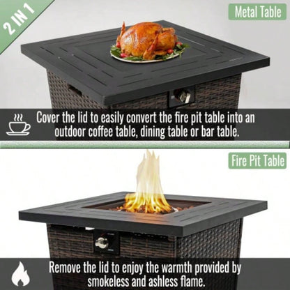 28 Propane Gas Fire Pit Table, 50000 BTU Square Steel Fire Pit with Beautiful Wicker Base Outside Patio Deck Garden Backyard - Black