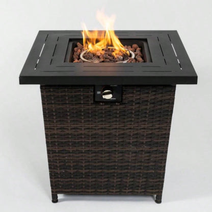 28 Propane Gas Fire Pit Table, 50000 BTU Square Steel Fire Pit with Beautiful Wicker Base Outside Patio Deck Garden Backyard - Black