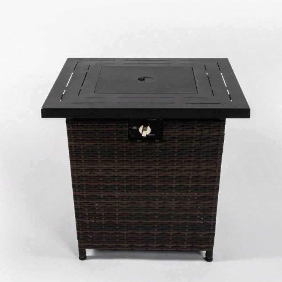 28 Propane Gas Fire Pit Table, 50000 BTU Square Steel Fire Pit with Beautiful Wicker Base Outside Patio Deck Garden Backyard - Black