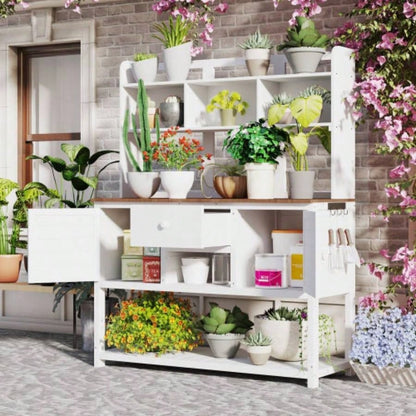 Assembly Video Available Topmax Solid Fir Wood Potting Garden Workstation with Hutch, Drawer Adjustable Shelves, 50.2x19.7x66.1 Inch Outdoor Garden Work Table Backyard Planting, White