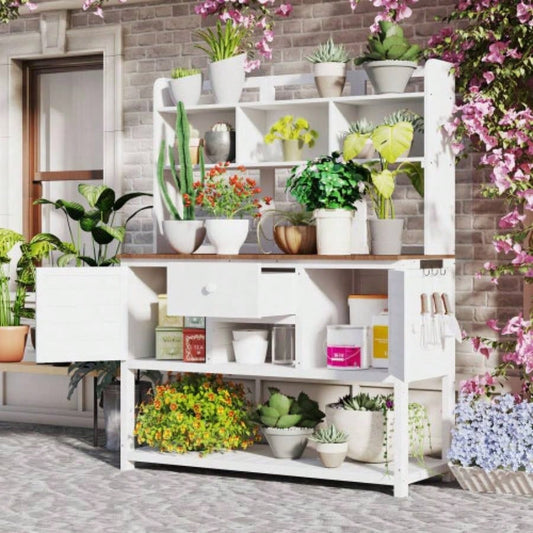 Assembly Video Available Topmax Solid Fir Wood Potting Garden Workstation with Hutch, Drawer Adjustable Shelves, 50.2x19.7x66.1 Inch Outdoor Garden Work Table Backyard Planting, White