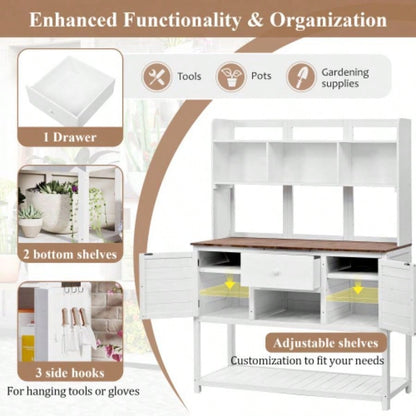 Assembly Video Available Topmax Solid Fir Wood Potting Garden Workstation with Hutch, Drawer Adjustable Shelves, 50.2x19.7x66.1 Inch Outdoor Garden Work Table Backyard Planting, White