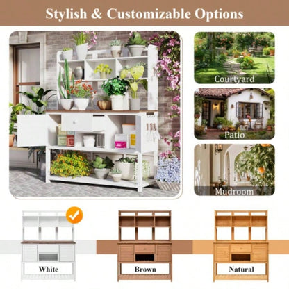 Assembly Video Available Topmax Solid Fir Wood Potting Garden Workstation with Hutch, Drawer Adjustable Shelves, 50.2x19.7x66.1 Inch Outdoor Garden Work Table Backyard Planting, White