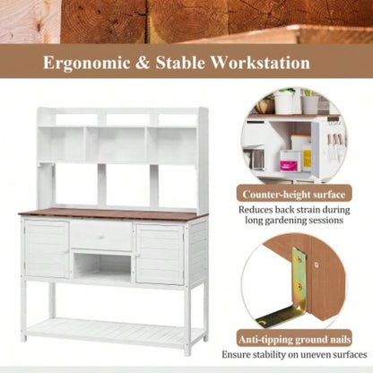Assembly Video Available Topmax Solid Fir Wood Potting Garden Workstation with Hutch, Drawer Adjustable Shelves, 50.2x19.7x66.1 Inch Outdoor Garden Work Table Backyard Planting, White