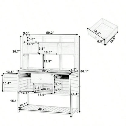 Assembly Video Available Topmax Solid Fir Wood Potting Garden Workstation with Hutch, Drawer Adjustable Shelves, 50.2x19.7x66.1 Inch Outdoor Garden Work Table Backyard Planting, White