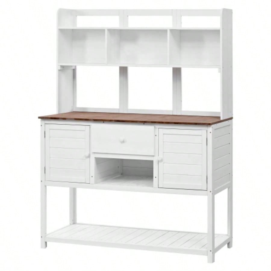 Assembly Video Available Topmax Solid Fir Wood Potting Garden Workstation with Hutch, Drawer Adjustable Shelves, 50.2x19.7x66.1 Inch Outdoor Garden Work Table Backyard Planting, White