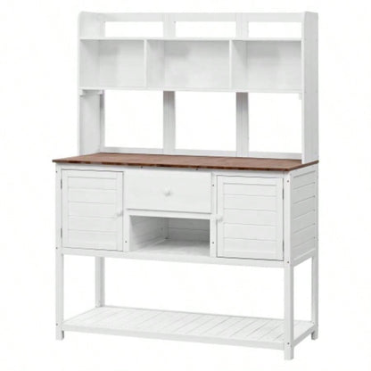 Assembly Video Available Topmax Solid Fir Wood Potting Garden Workstation with Hutch, Drawer Adjustable Shelves, 50.2x19.7x66.1 Inch Outdoor Garden Work Table Backyard Planting, White
