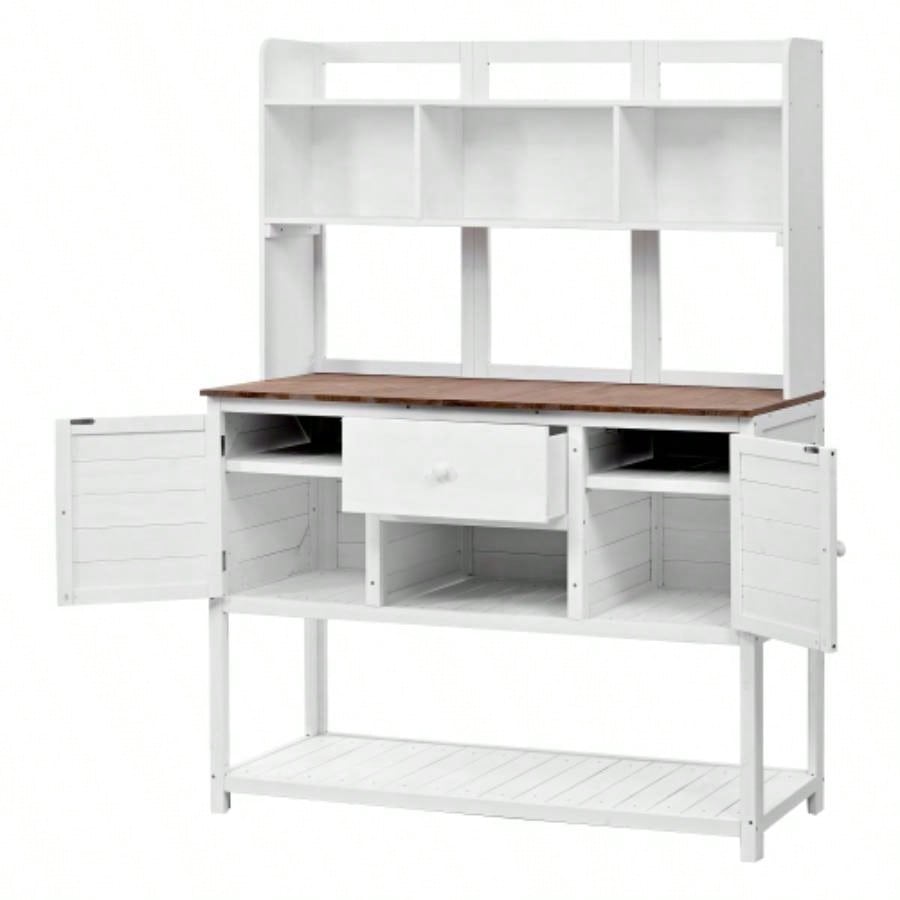 Assembly Video Available Topmax Solid Fir Wood Potting Garden Workstation with Hutch, Drawer Adjustable Shelves, 50.2x19.7x66.1 Inch Outdoor Garden Work Table Backyard Planting, White
