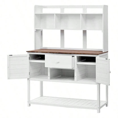 Assembly Video Available Topmax Solid Fir Wood Potting Garden Workstation with Hutch, Drawer Adjustable Shelves, 50.2x19.7x66.1 Inch Outdoor Garden Work Table Backyard Planting, White