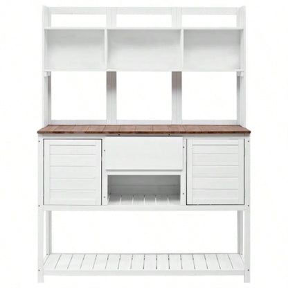 Assembly Video Available Topmax Solid Fir Wood Potting Garden Workstation with Hutch, Drawer Adjustable Shelves, 50.2x19.7x66.1 Inch Outdoor Garden Work Table Backyard Planting, White