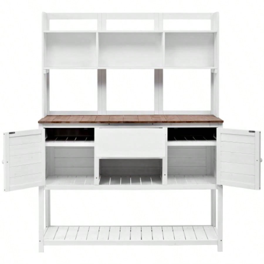 Assembly Video Available Topmax Solid Fir Wood Potting Garden Workstation with Hutch, Drawer Adjustable Shelves, 50.2x19.7x66.1 Inch Outdoor Garden Work Table Backyard Planting, White