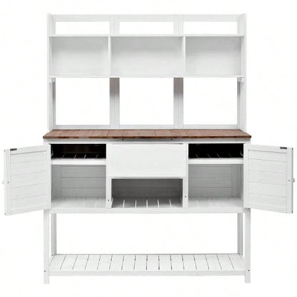 Assembly Video Available Topmax Solid Fir Wood Potting Garden Workstation with Hutch, Drawer Adjustable Shelves, 50.2x19.7x66.1 Inch Outdoor Garden Work Table Backyard Planting, White