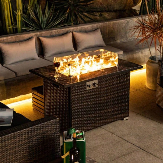 44 Propane Gas Fire Pit Table, 50000 BTU Rectangular Fire Pit, Tile Tabletop with Beautiful Wicker Base Outside Patio Deck Garden Courtyard - Brown