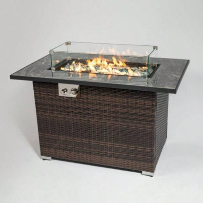 44 Propane Gas Fire Pit Table, 50000 BTU Rectangular Fire Pit, Tile Tabletop with Beautiful Wicker Base Outside Patio Deck Garden Courtyard - Brown