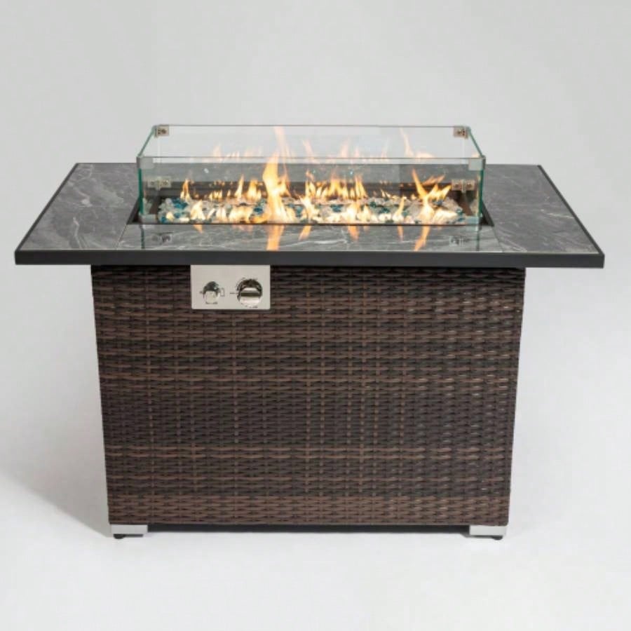 44 Propane Gas Fire Pit Table, 50000 BTU Rectangular Fire Pit, Tile Tabletop with Beautiful Wicker Base Outside Patio Deck Garden Courtyard - Brown
