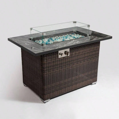 44 Propane Gas Fire Pit Table, 50000 BTU Rectangular Fire Pit, Tile Tabletop with Beautiful Wicker Base Outside Patio Deck Garden Courtyard - Brown