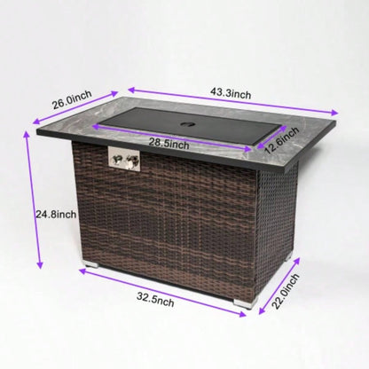 44 Propane Gas Fire Pit Table, 50000 BTU Rectangular Fire Pit, Tile Tabletop with Beautiful Wicker Base Outside Patio Deck Garden Courtyard - Brown