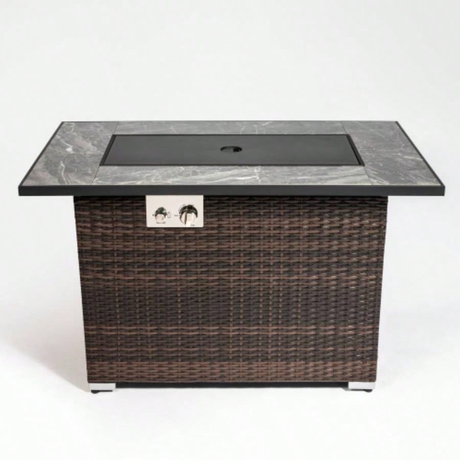 44 Propane Gas Fire Pit Table, 50000 BTU Rectangular Fire Pit, Tile Tabletop with Beautiful Wicker Base Outside Patio Deck Garden Courtyard - Brown