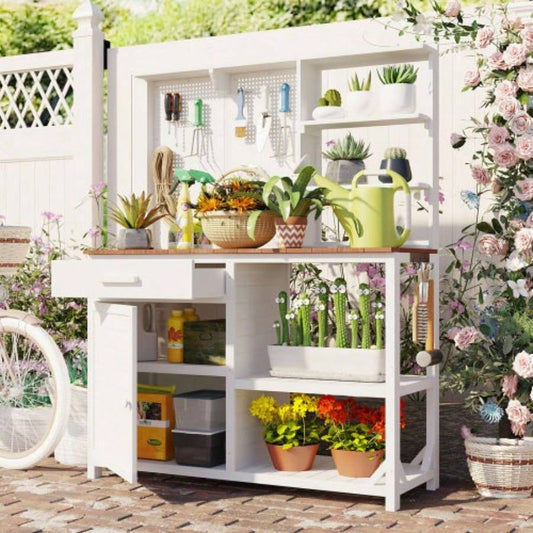 Assembly Video TOPMAX Fir Wood Potting with Hutch, Garden Workstation Planting, 4 Shelves Adjustable Storage, Pegboard with Hooks, 50.2Countertop, Drawer Cabinet, White