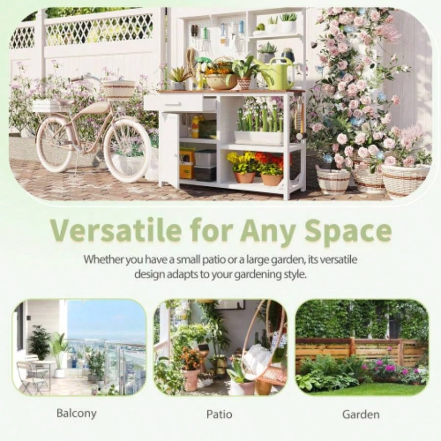 Assembly Video TOPMAX Fir Wood Potting with Hutch, Garden Workstation Planting, 4 Shelves Adjustable Storage, Pegboard with Hooks, 50.2Countertop, Drawer Cabinet, White