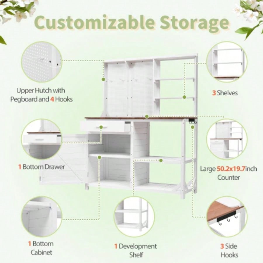 Assembly Video TOPMAX Fir Wood Potting with Hutch, Garden Workstation Planting, 4 Shelves Adjustable Storage, Pegboard with Hooks, 50.2Countertop, Drawer Cabinet, White