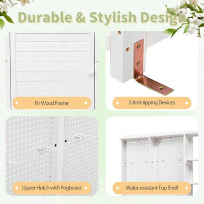 Assembly Video TOPMAX Fir Wood Potting with Hutch, Garden Workstation Planting, 4 Shelves Adjustable Storage, Pegboard with Hooks, 50.2Countertop, Drawer Cabinet, White