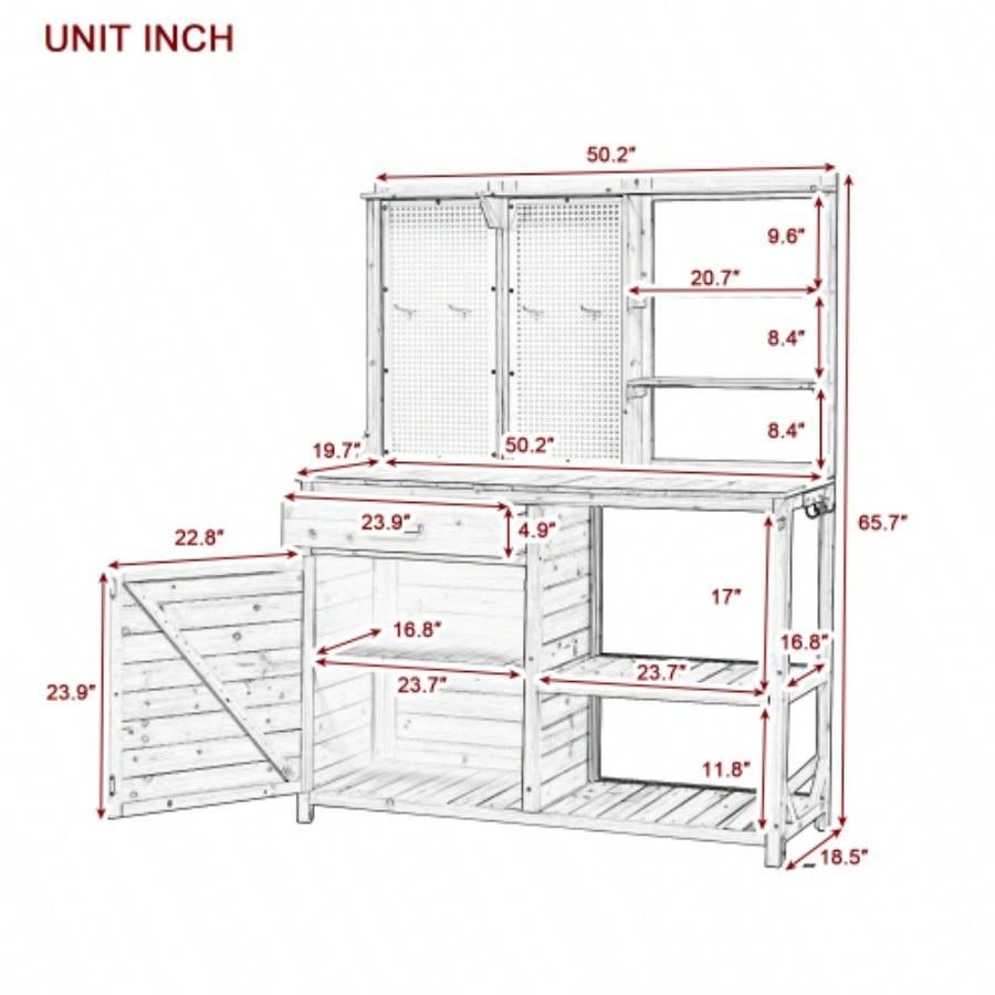Assembly Video TOPMAX Fir Wood Potting with Hutch, Garden Workstation Planting, 4 Shelves Adjustable Storage, Pegboard with Hooks, 50.2Countertop, Drawer Cabinet, White