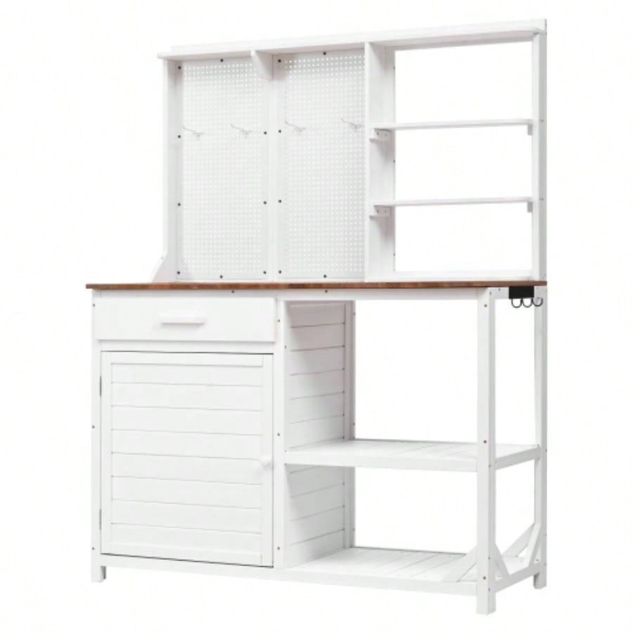 Assembly Video TOPMAX Fir Wood Potting with Hutch, Garden Workstation Planting, 4 Shelves Adjustable Storage, Pegboard with Hooks, 50.2Countertop, Drawer Cabinet, White
