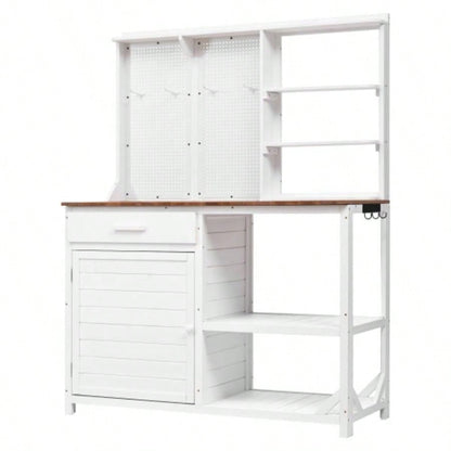 Assembly Video TOPMAX Fir Wood Potting with Hutch, Garden Workstation Planting, 4 Shelves Adjustable Storage, Pegboard with Hooks, 50.2Countertop, Drawer Cabinet, White