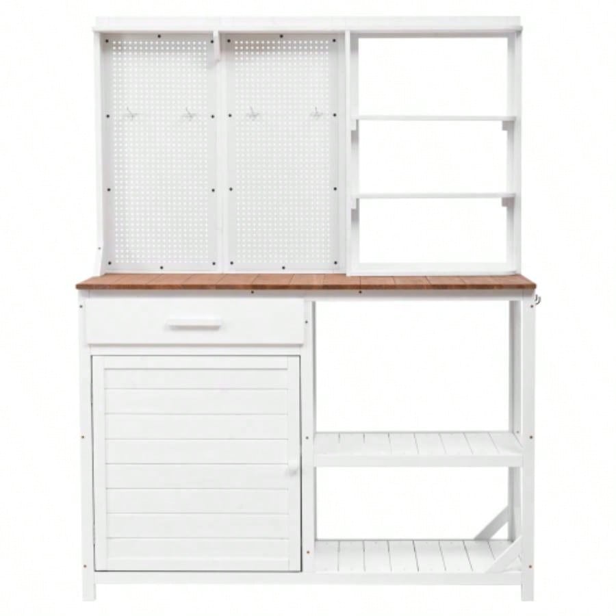 Assembly Video TOPMAX Fir Wood Potting with Hutch, Garden Workstation Planting, 4 Shelves Adjustable Storage, Pegboard with Hooks, 50.2Countertop, Drawer Cabinet, White