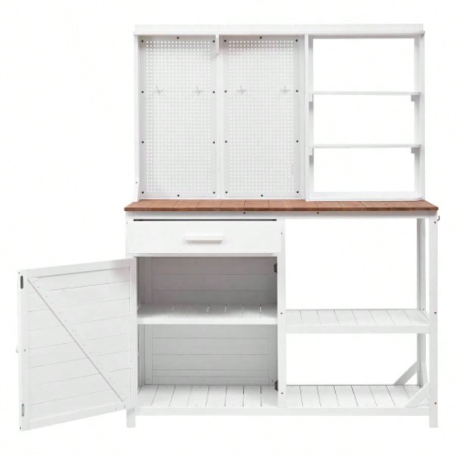 Assembly Video TOPMAX Fir Wood Potting with Hutch, Garden Workstation Planting, 4 Shelves Adjustable Storage, Pegboard with Hooks, 50.2Countertop, Drawer Cabinet, White