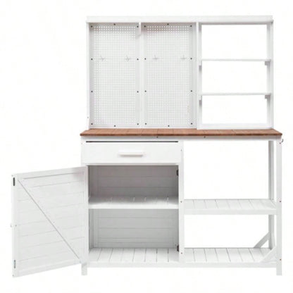 Assembly Video TOPMAX Fir Wood Potting with Hutch, Garden Workstation Planting, 4 Shelves Adjustable Storage, Pegboard with Hooks, 50.2Countertop, Drawer Cabinet, White