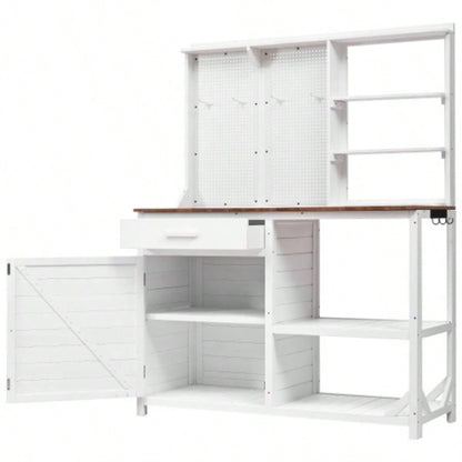 Assembly Video TOPMAX Fir Wood Potting with Hutch, Garden Workstation Planting, 4 Shelves Adjustable Storage, Pegboard with Hooks, 50.2Countertop, Drawer Cabinet, White