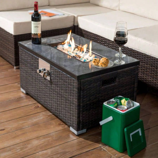 32 Propane Gas Fire Pit Table, 50000 BTU Rectangular Fire Pit, Tile Tabletop with Beautiful Wicker Base Outside Patio Deck Garden Courtyard - Brown