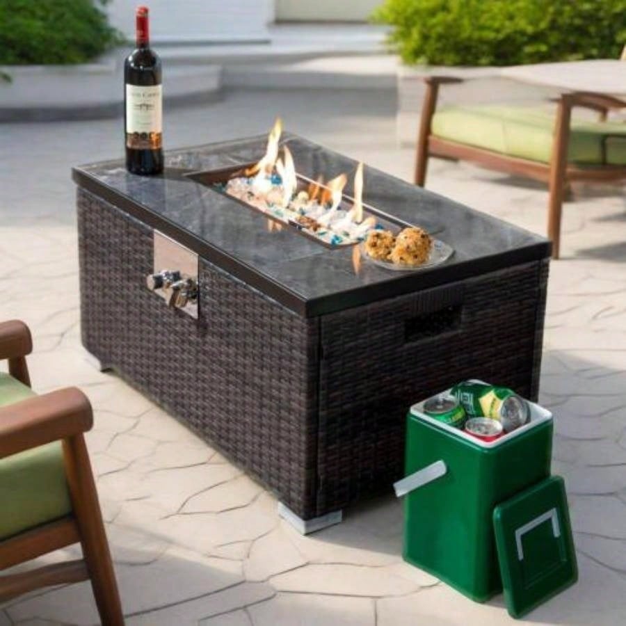 32 Propane Gas Fire Pit Table, 50000 BTU Rectangular Fire Pit, Tile Tabletop with Beautiful Wicker Base Outside Patio Deck Garden Courtyard - Brown