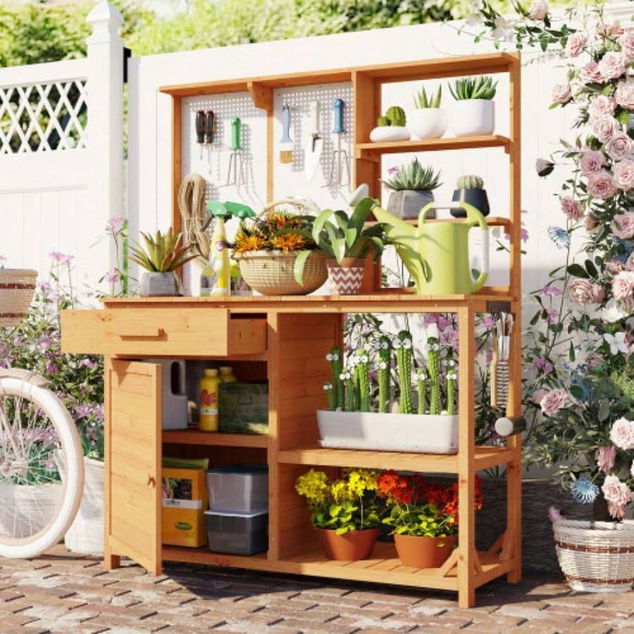 Assembly Video TOPMAX Fir Wood Potting with Hutch, Garden Workstation Planting, 4 Shelves Adjustable Storage, Pegboard with Hooks, 50.2Countertop, Drawer Cabinet, White