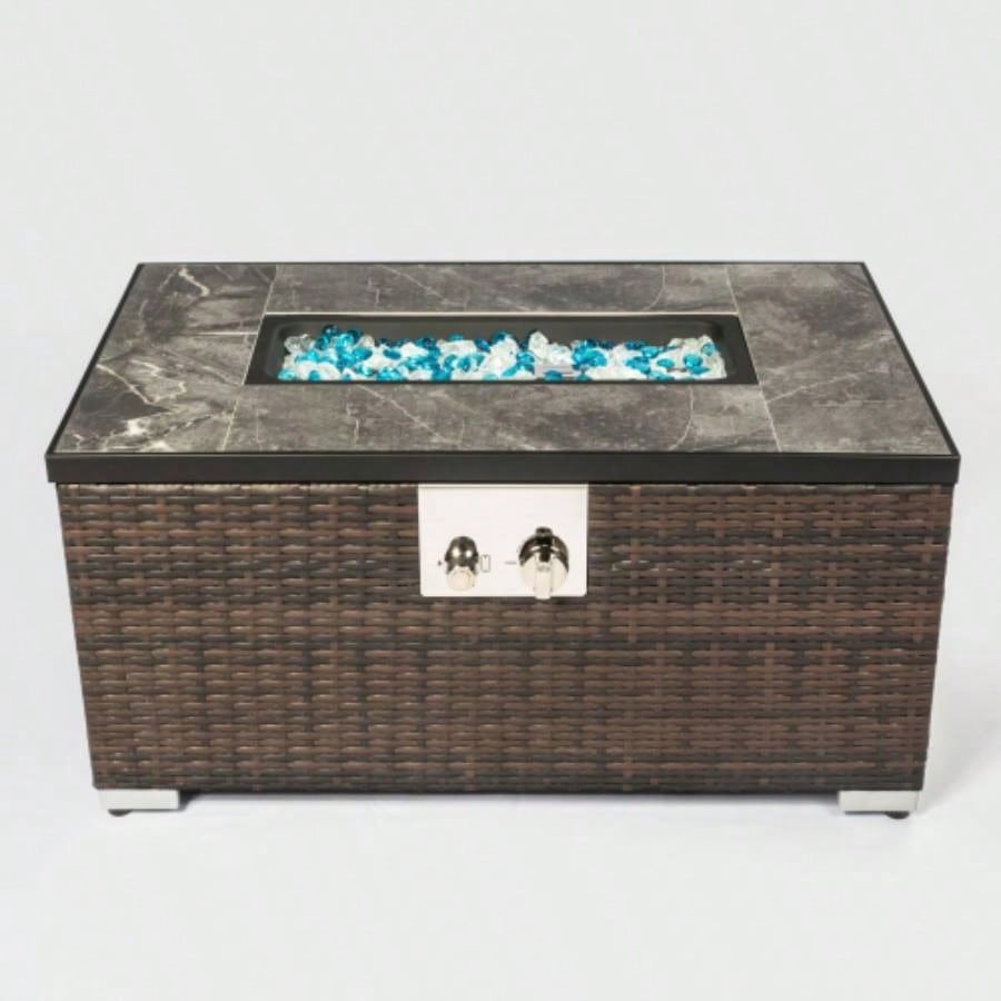 32 Propane Gas Fire Pit Table, 50000 BTU Rectangular Fire Pit, Tile Tabletop with Beautiful Wicker Base Outside Patio Deck Garden Courtyard - Brown