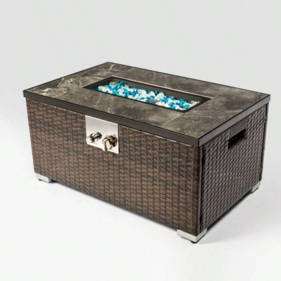 32 Propane Gas Fire Pit Table, 50000 BTU Rectangular Fire Pit, Tile Tabletop with Beautiful Wicker Base Outside Patio Deck Garden Courtyard - Brown